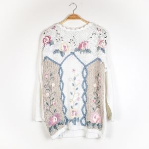 VTG HandKnit White Pink Floral Embroidered Long line Sweater